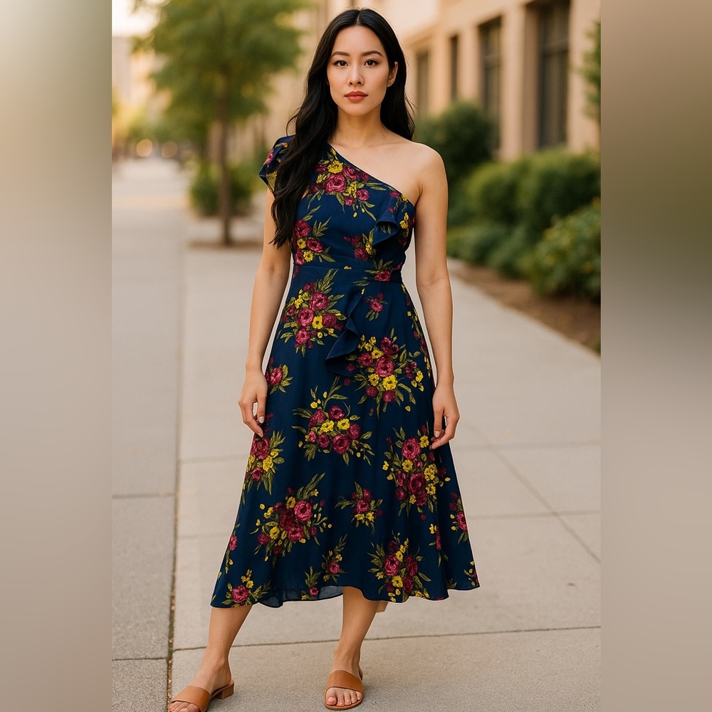 Leith Navy One-Shoulder Floral Midi Dress